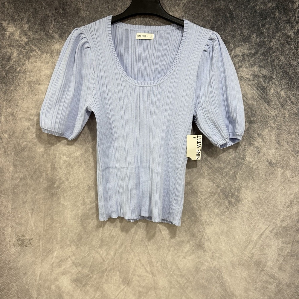 Nine West Women Large Light Blue Ribbed Knit Puff Sleeve Scoop Neck Top